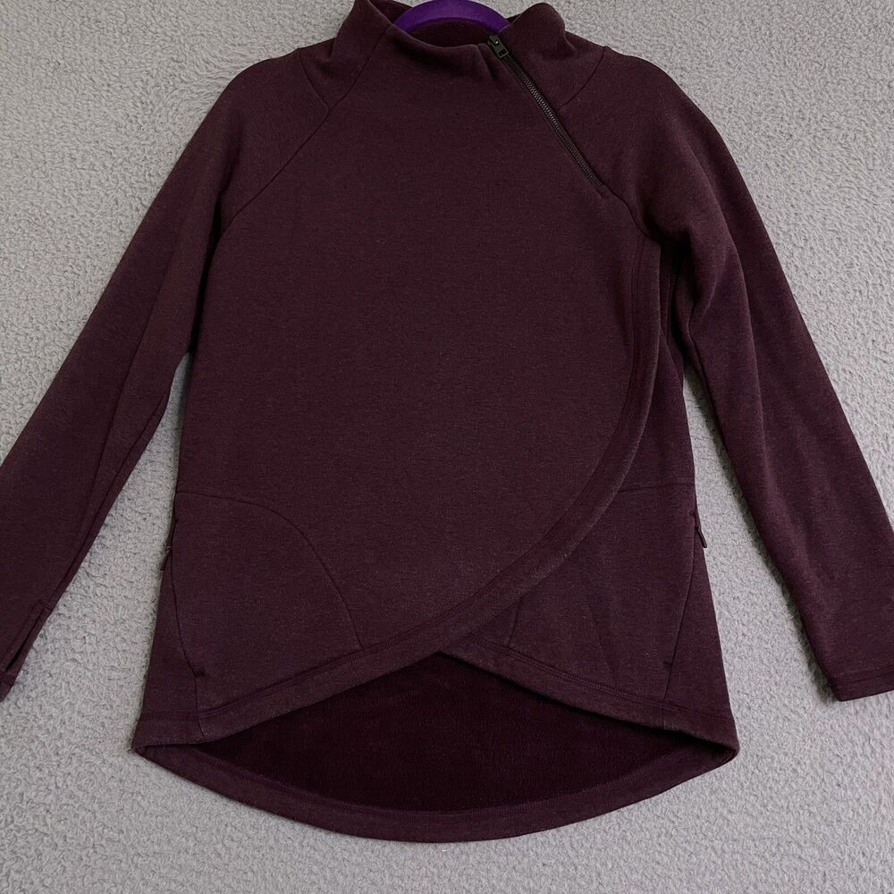 Athleta Womens XS Cozy Karma Asym Pullover Top Maroon Fleece Lined W/ Thumbholes